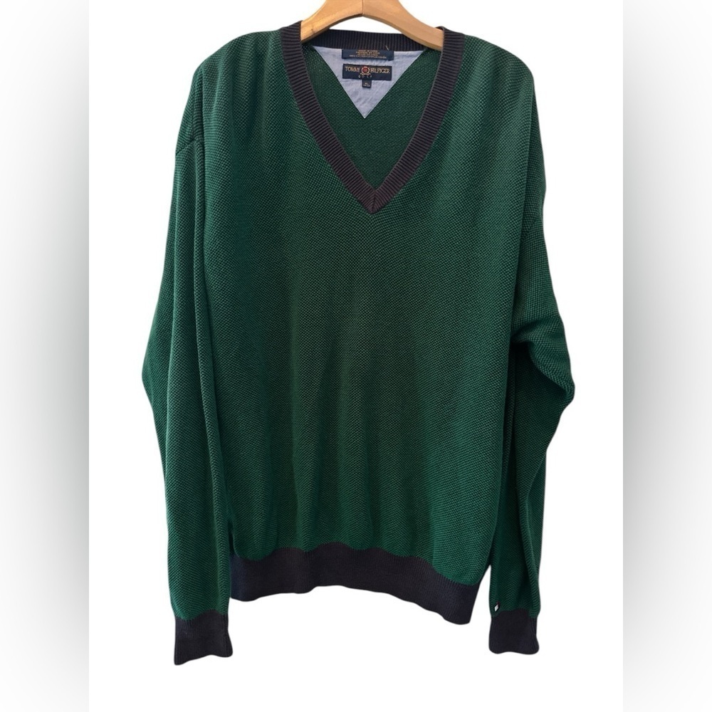 Vtg Tommy Hilfiger Golf Mens XL Knit V-Neck Dad Sweater Hunter Green 90s